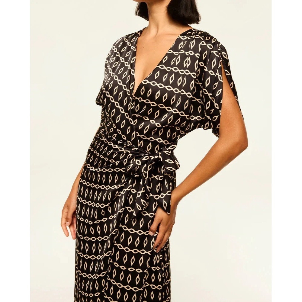 Misa Los Angeles Satin Francesca Wrap Midi Dress Size Small Geometric Tie USA